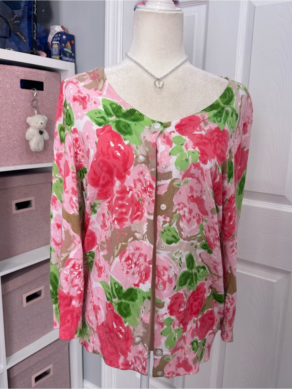 NWOT pink and green floral cotton rayon blend round neck cardigan Size L
